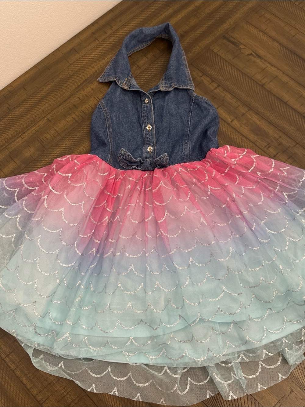 Denim Halter Top Dress with Pink to Aqua Ombre Tulle Skirt